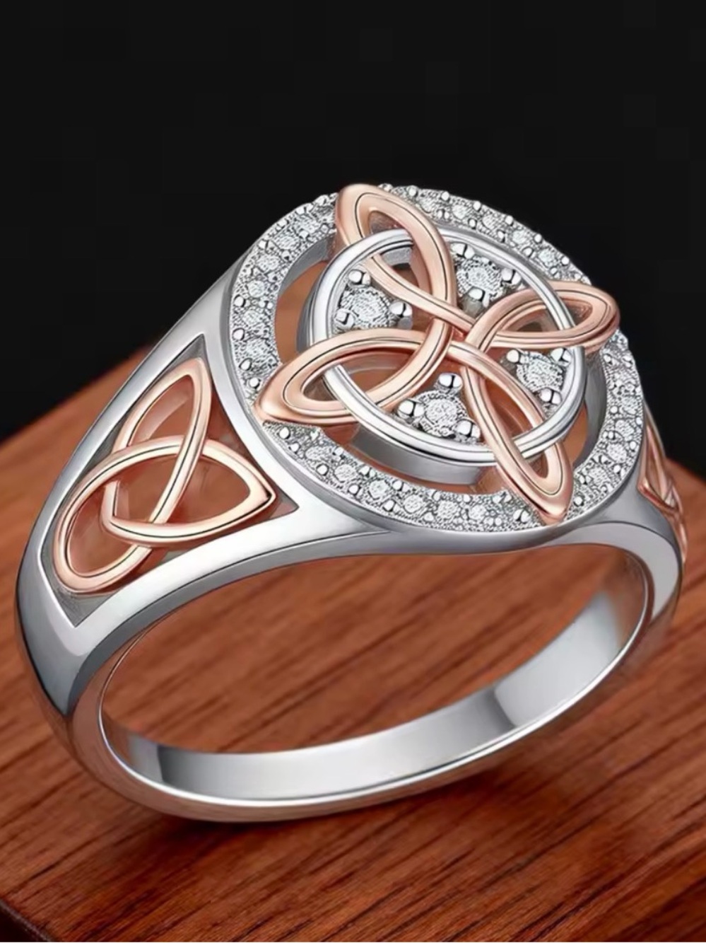 Two-Tone Silver Plated Celtic Knot Ring with Rose Gold Accents Sz 7